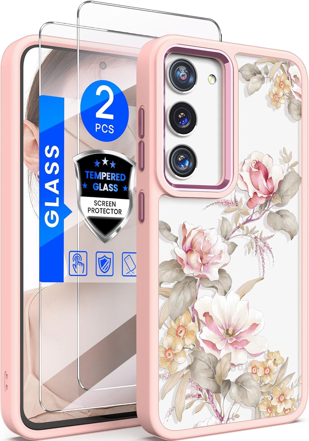 Dretal for Samsung Galaxy S22 5G Case Floral, Military Grade Drop Tested Hard Back & Soft Edge Slim Flower Women Girls Phone Protective Cover + Tempered Glass Screen Protector (Deep Purple)