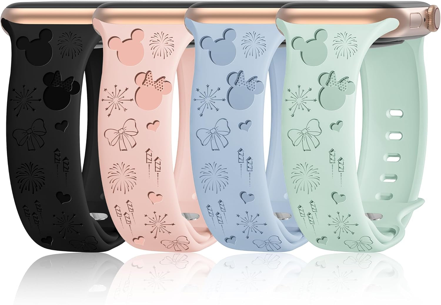 4 Pack Cartoon Engraved Bands Compatible with Apple Watch Band 40Mm 41Mm 38Mm 42Mm 44Mm 45Mm 49Mm Women,Soft Silicone Cute Designer Strap for Iwatch Bands Series SE 8 6 5 4 3 2 1 Ultra