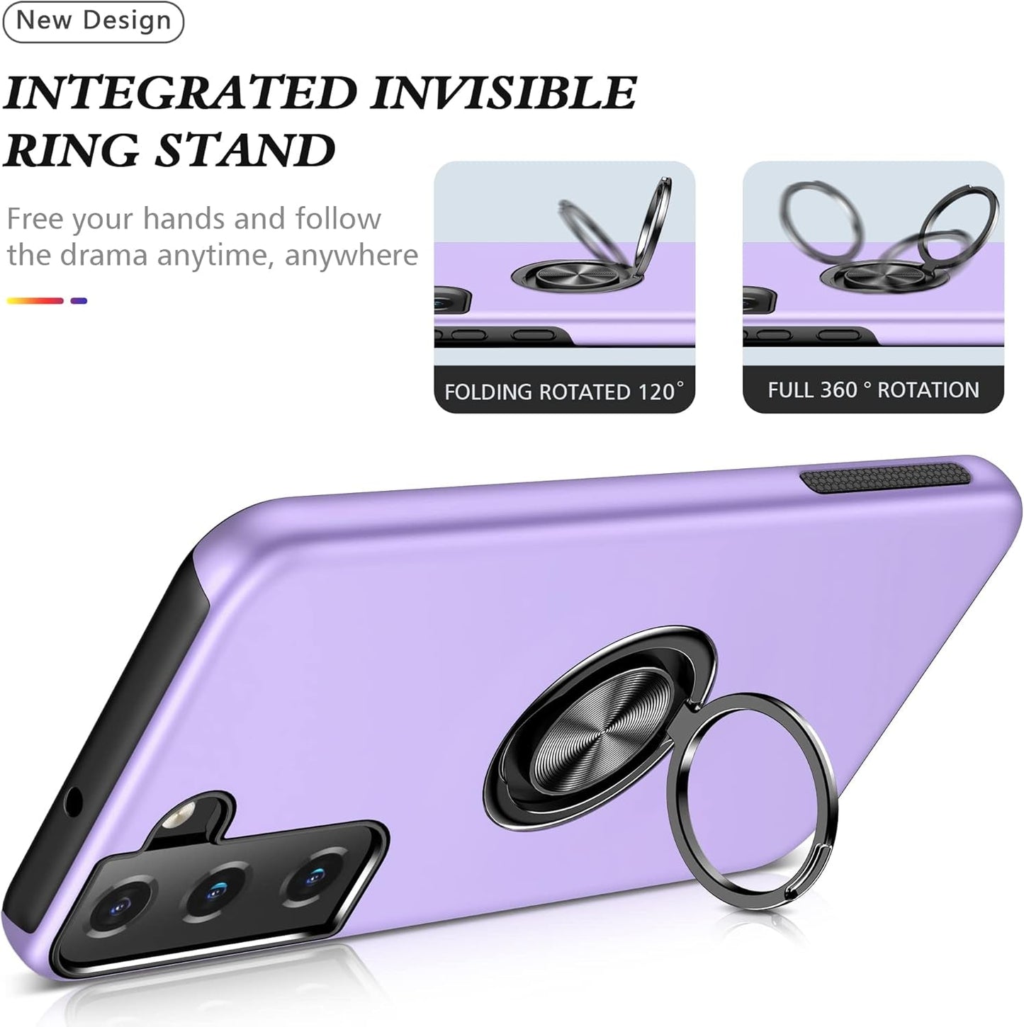 For Samsung Galaxy S22 Case, S22 Case with Self Healing Flexible TPU Screen Protector [2 Pack],Military Grade Double Shockproof Invisible Kickstand Case for Galaxy S22 (Purple)