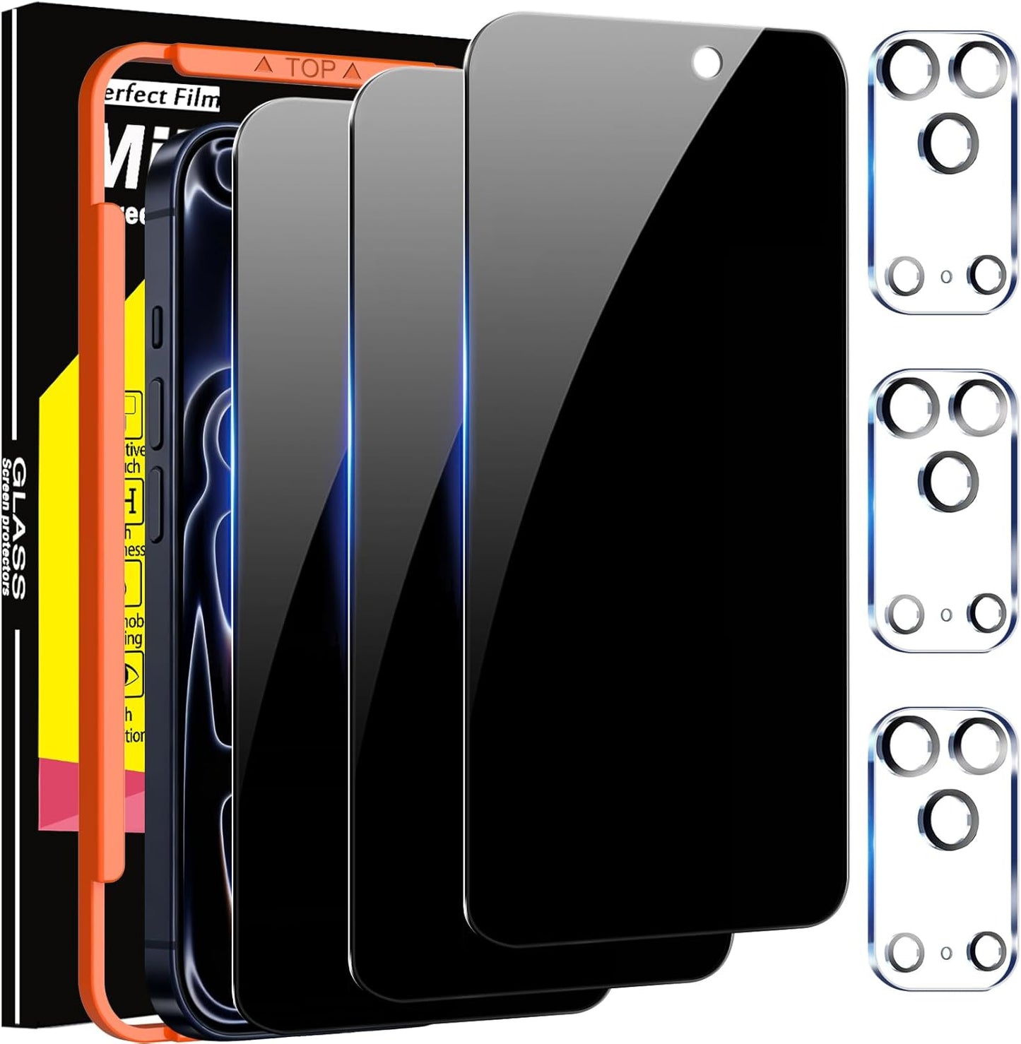 Milomdoi 3 Pack Privacy Screen Protector for Iphone 17 Pro Max [Phone Case Friendly] Accessories Private Film, 3 Pacs Tempered Glass Camera Lens Protector, with Mounting Frame for Apple anti Spy,Black