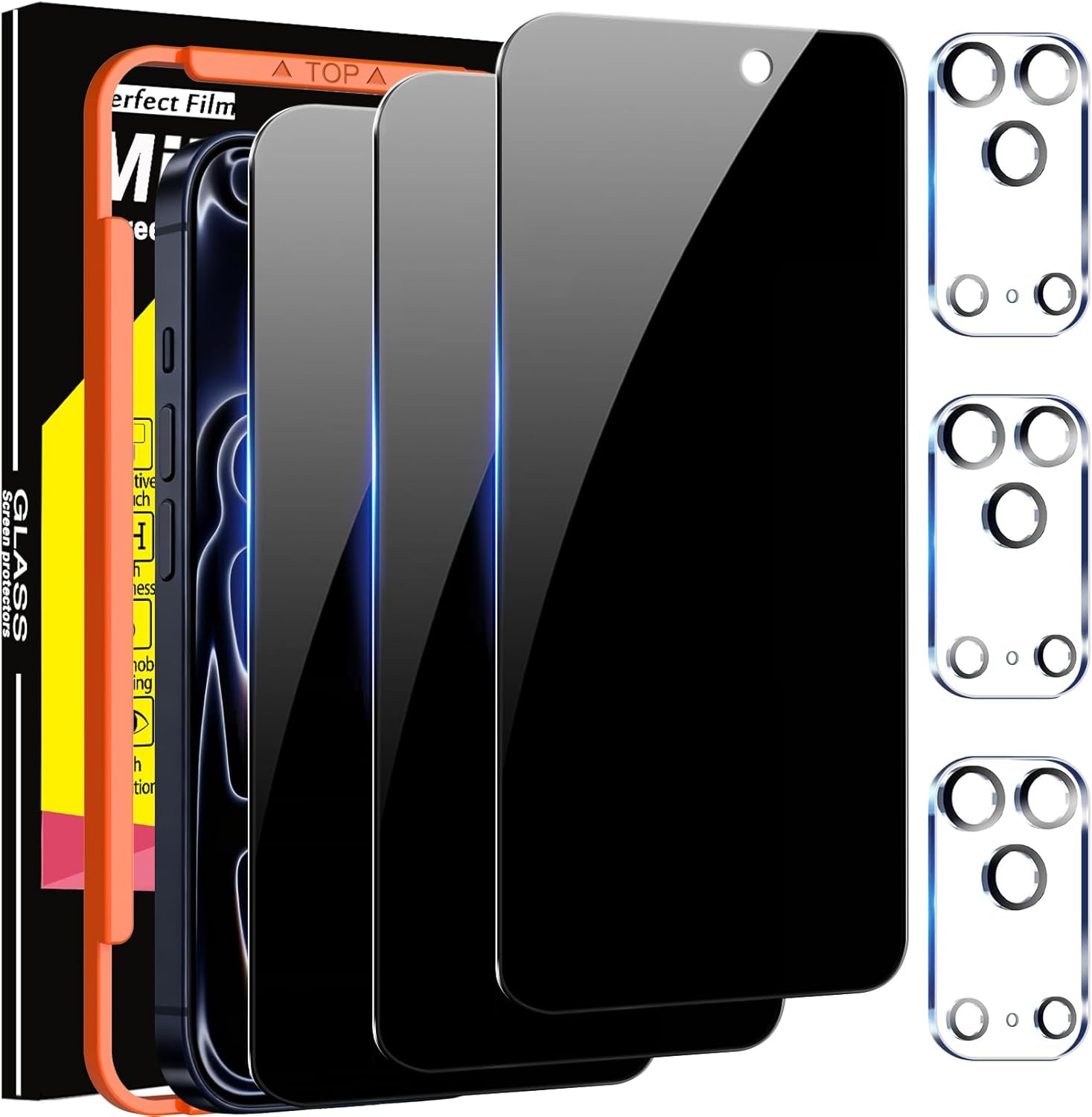 Milomdoi 3 Pack Privacy Screen Protector for Iphone 17 Pro Max [Phone Case Friendly] Accessories Private Film, 3 Pacs Tempered Glass Camera Lens Protector, with Mounting Frame for Apple anti Spy,Black