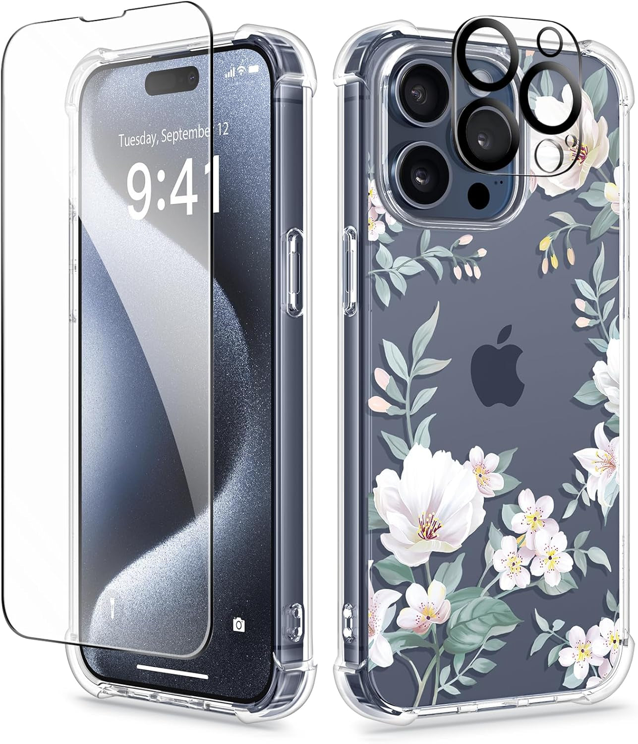 GVIEWIN for Iphone 15 Pro Case Floral, with Screen Protector+Camera Lens Protector, [Not Yellowing] Slim Shockproof Clear Phone Protective Cover for Women, Flower Pattern Design (Ranunculus/Pink)  GVIEWIN Magnolia/White  