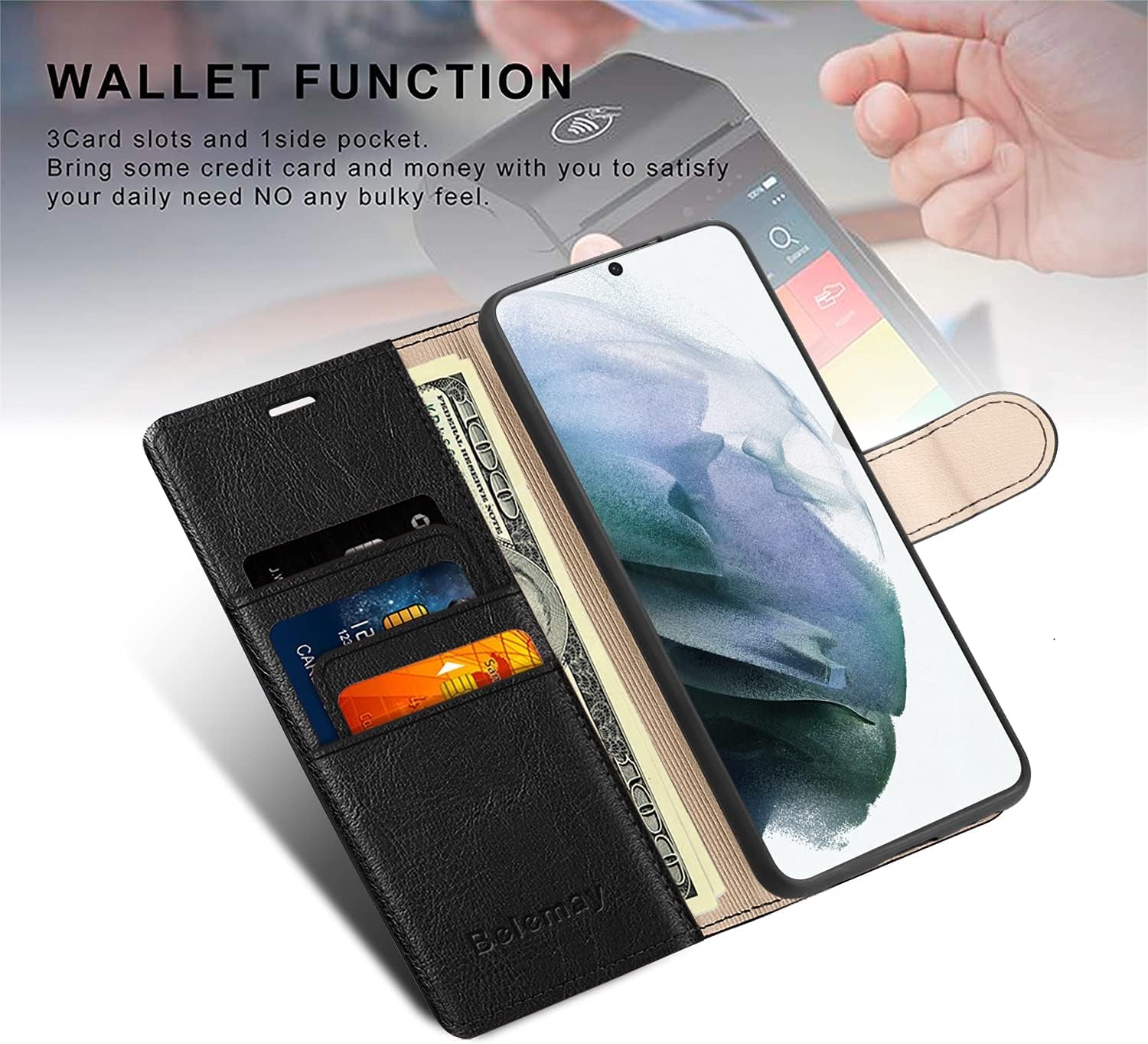 Belemay Case for Galaxy S22+ / S22 plus 5G 6.6-Inch, Genuine Leather Wallet Case RFID Blocking Credit Card Holder Kickstand Magnetic Flip Case Compatible with Galaxy S22+ / plus 6.6" 2022, Black
