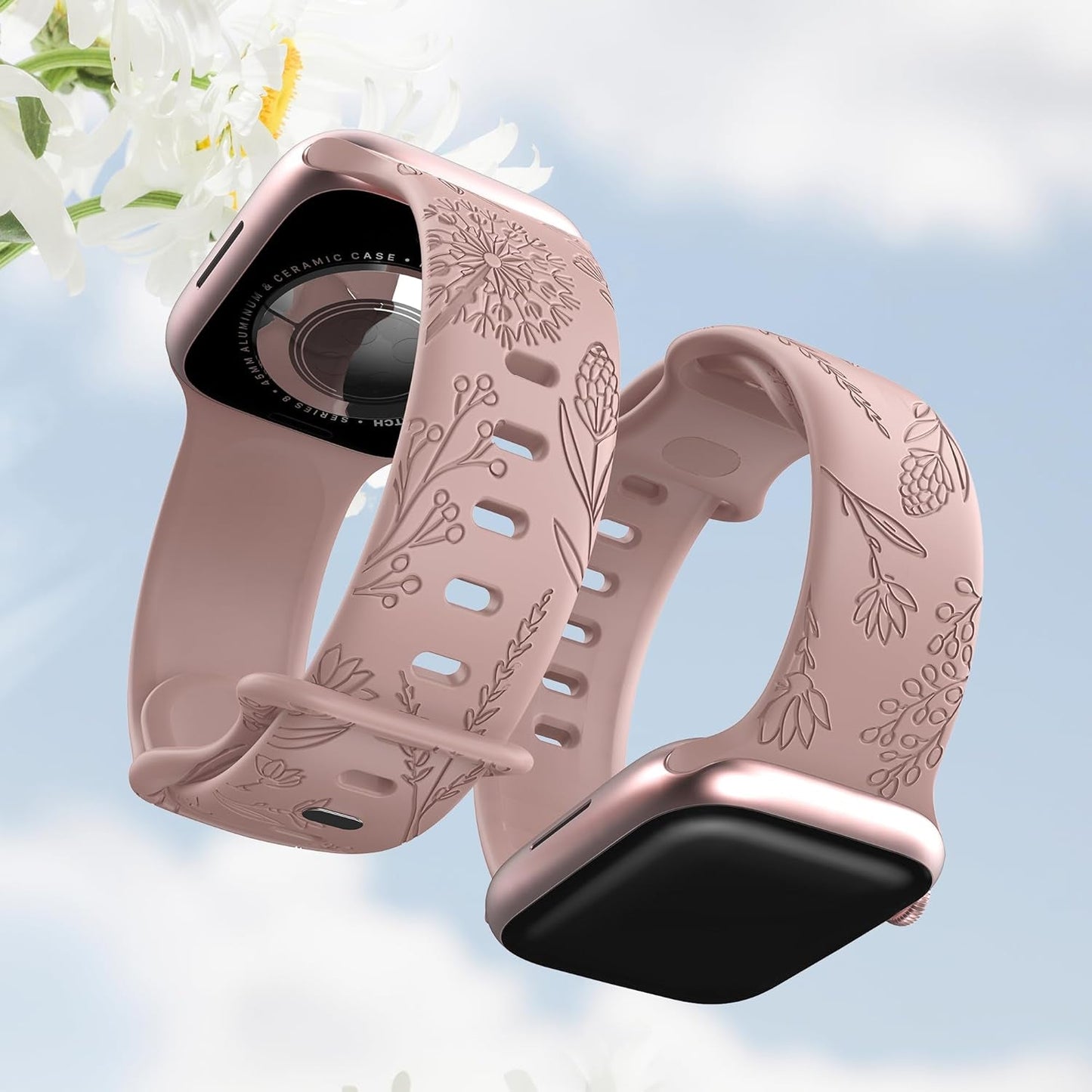 Floral Engraved Bands Compatible with Apple Watch Band for Women 44Mm 40Mm 38Mm 41Mm 45Mm 49Mm 42Mm, Soft Silicone Dandelion Pattern Sport Strap for Iwatch Bands Series Ultra 2 SE 9 8 7 6 5 4 3 2 1