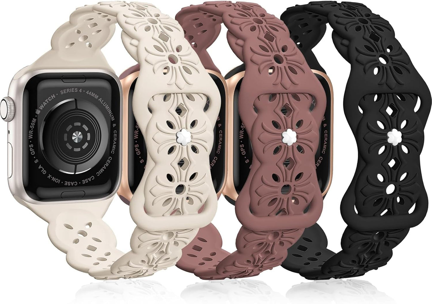 3 Pack Engraved Lace Silicone Bands Compatible with Apple Watch Band 38Mm 40Mm 41Mm 42Mm 44Mm 45Mm 49Mm Women Men, Slim Thin Hollow-Out Sport Strap for Iwatch Series 9/8/7/6/5/4/3/2/1 SE Ultra 2/1