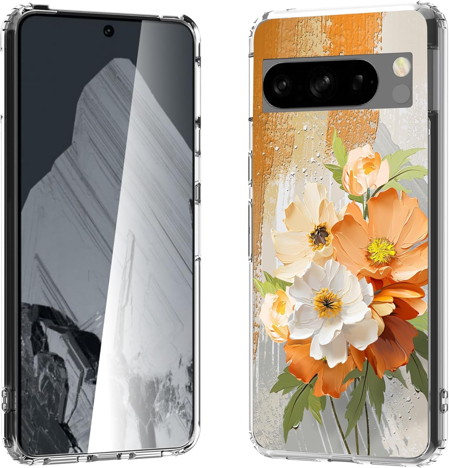 For Google Pixel 8 Clear Case with 3D Flower Printing Design, TPU+PC Slim Shock-Proof Protective Floral Cover for Women Girls, 6.2“ (Pic 5)  YIKECASE A-19 Google Pixel 8 Pro 