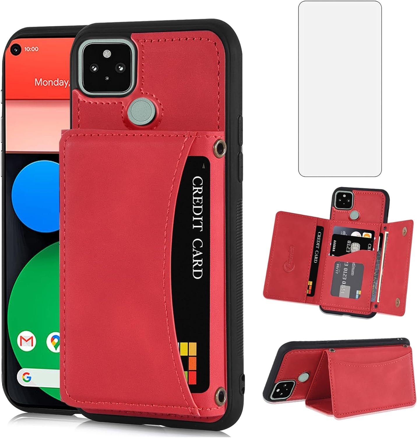 Asuwish Phone Case for Google Pixel 5 Wallet Cover with Tempered Glass Screen Protector and PU Leather Credit Card Holder Stand Rugged Mobile TPU Cell Accessories Pixel5 5G Pixle Five G5 Women Men Red  Asuwish Red For Pixel 5 / Pixel 5 5G 