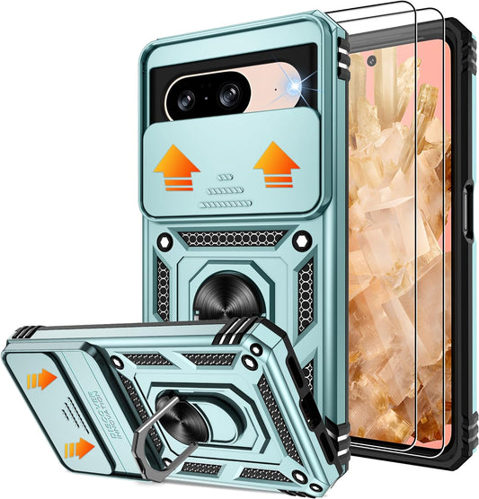 Fit for Google Pixel 8 5G Case with Screen Protector (2 Pack) & Slide Camera Cover, Build in 360° Magnetic Rotating Ring Kickstand [Military Grade] Protective Case for Pixel 8 Case, Green  Gritup Green Google Pixel 8 6.2" 