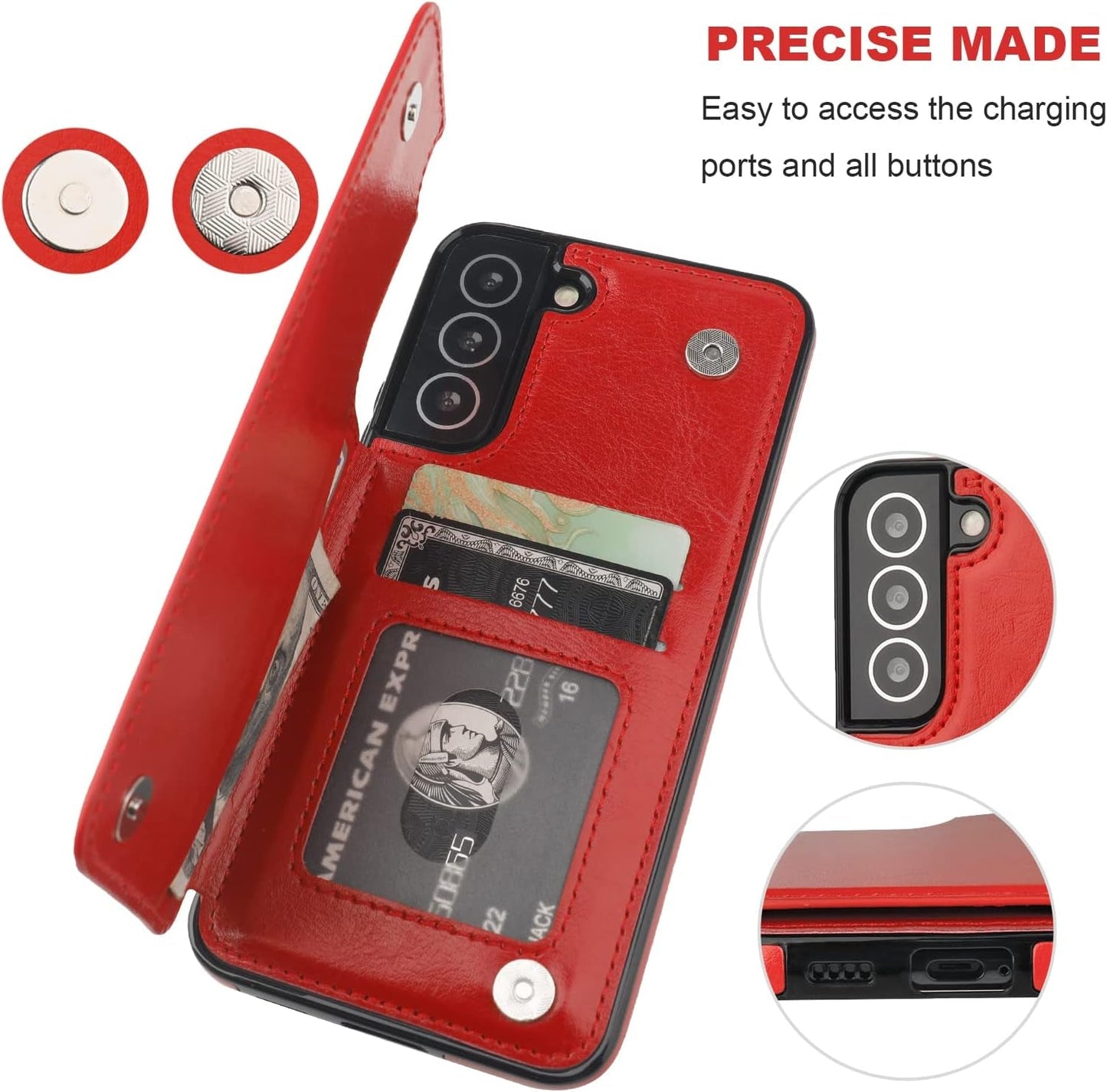 Compatible with Samsung Galaxy S22 Wallet Case with Card Holder, PU Leather Kickstand Card Slots Case, Double Magnetic Clasp and Durable Shockproof Cover 5G 6.1 Inch(Red)