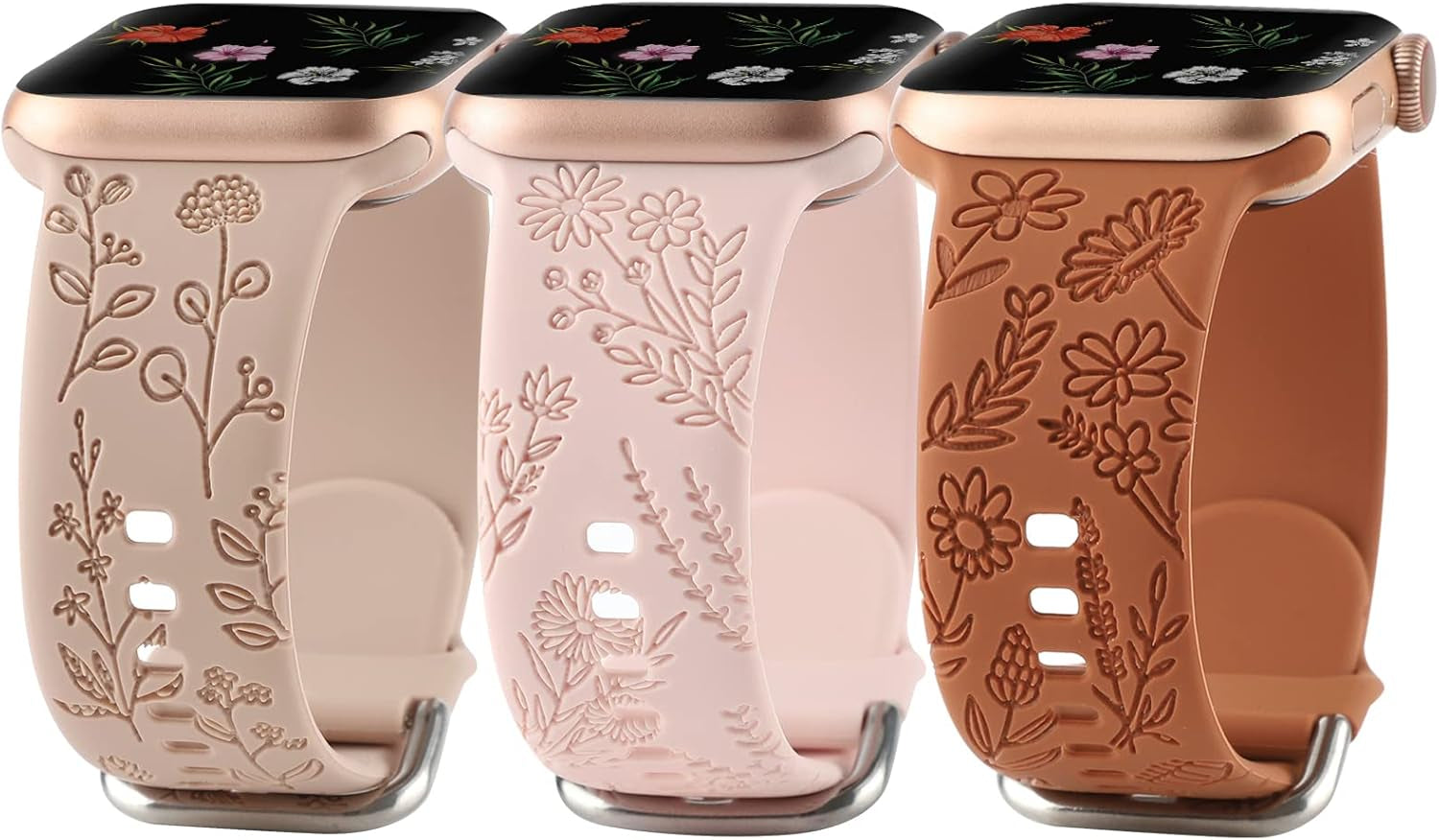 Floral Engraved Sport Bands Compatible with Apple Watch Band 38Mm 40Mm 41Mm, Women Cute Flower Pattern Soft Silicone Strap Smartwatch Wristband Accessories for Iwatch Series 8 7 6 5 4 3 2 1 SE