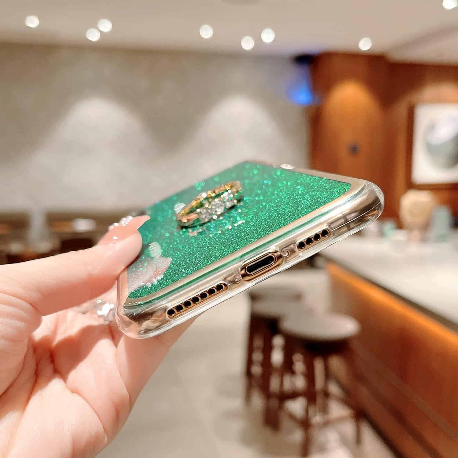 For Samsung Galaxy S22 Ultra Case (6.8-Inch) with Ring Kickstand Girls Woman Cute Glitter Slim Soft Silicone Bumper Shockproof Drop Protective Cover - Green