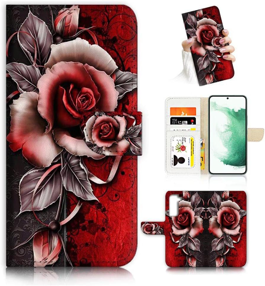 For Samsung S22+, Samsung Galaxy S22 Plus, Art Designed Flip Wallet Style Cover Case Flower Butterfly Dragonfly Full Body Protection AD003 (#24878 Red Gothic Rose S22+)