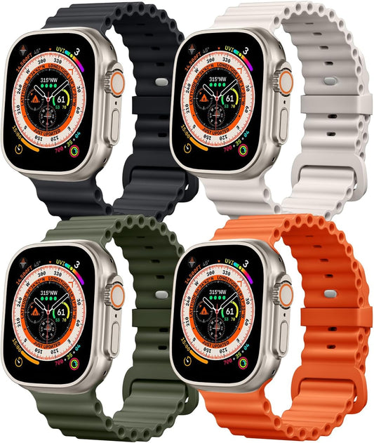 4 Pack Ocean Bands Compatible with Apple Watch Ultra Band 49Mm 45Mm 44Mm 42Mm Men Women, Soft Silicone Straps Sport Rugged Smartwatch Replacement for Iwatch Ultra Ultra 2 Series 9 8 7 6 5 4 3 2 1 SE