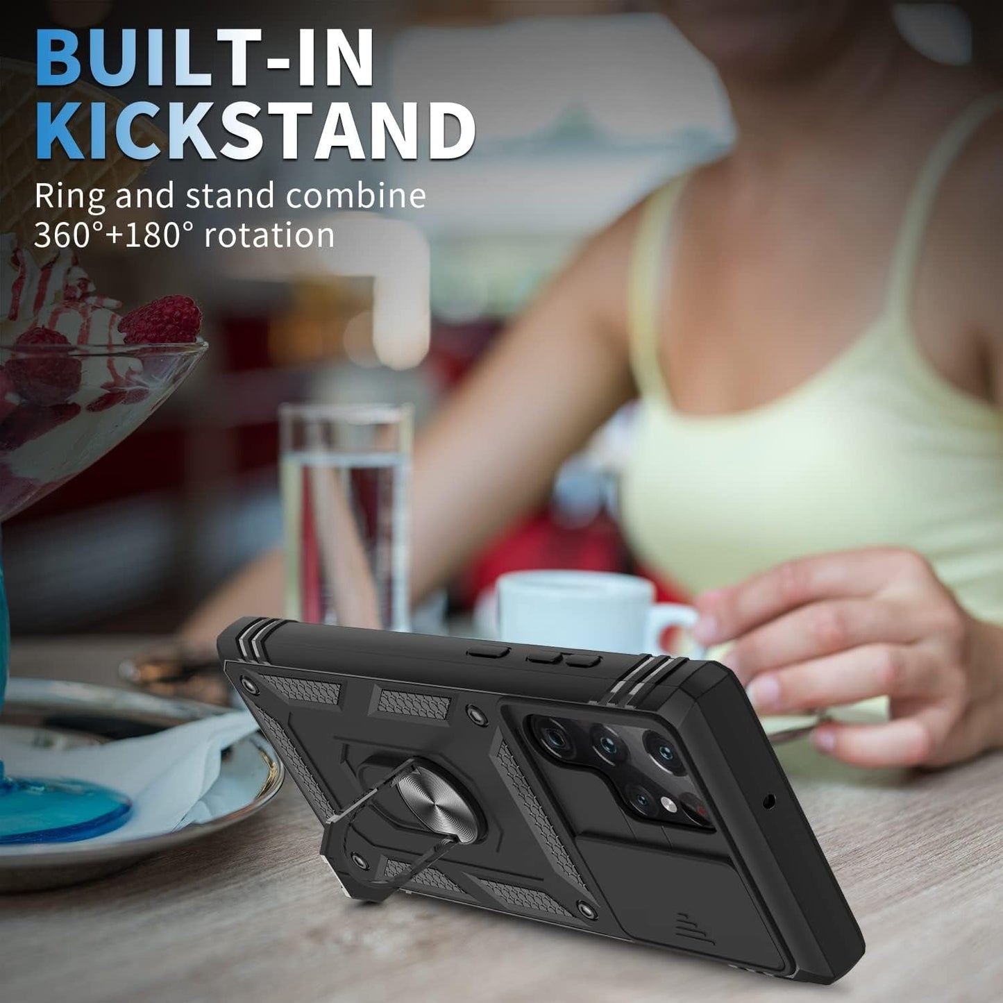 For Samsung Galaxy S22 Ultra Case with Slide Camera Cover & Screen Protector*2, S22 Ultra Case Build in 360° Rotating Ring Kickstand, Military Grade Protective Case for Galaxy S22 Ultra Case, Black