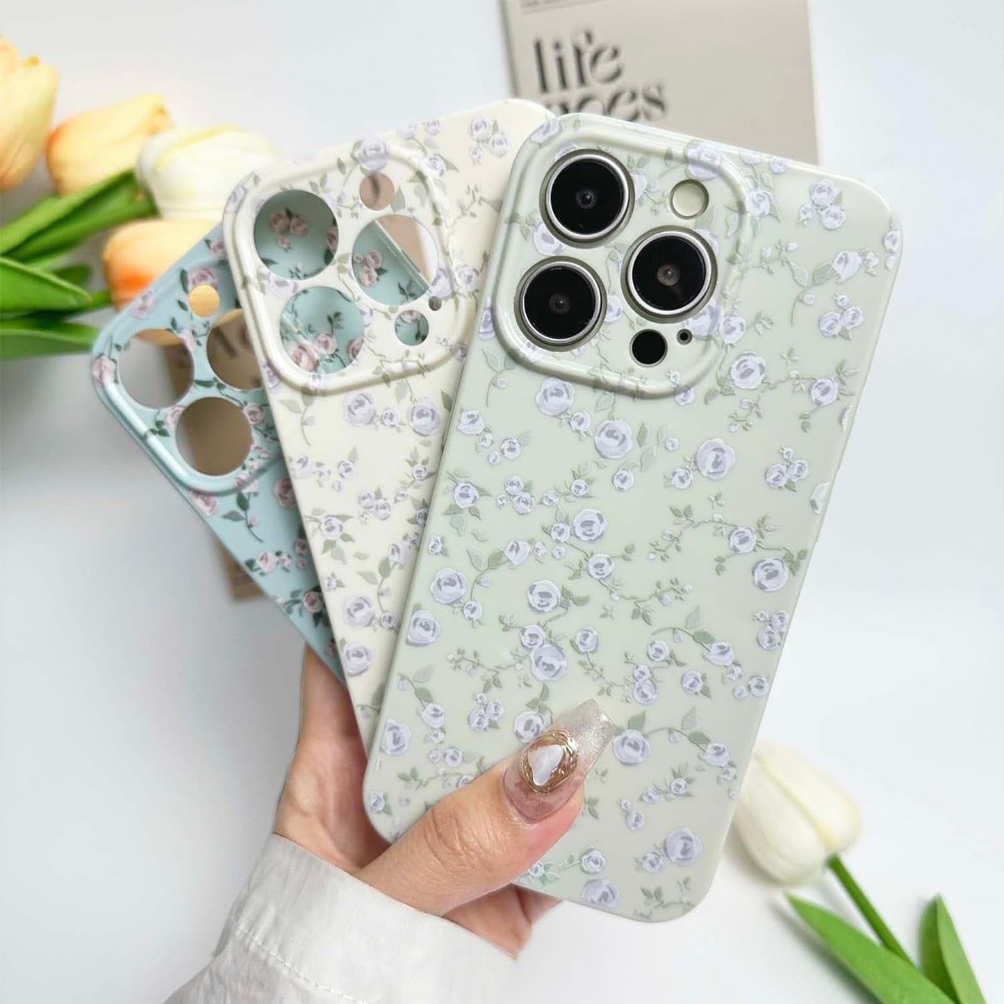 DYFYFKDI Floral Case for Iphone 15 Pro Cute Flower Rose Pattern Aesthetic Iphone 15 Pro Case Vintage Girls Women,Oil Flowers Girly Trendy Slim Fit TPU Shockproof Protective Case, Blue  DYFYFKDI   