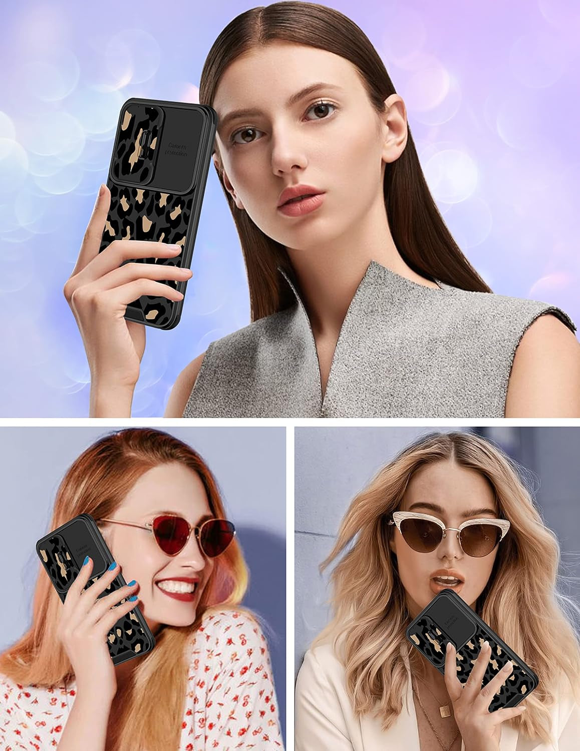 Goocrux for Samsung Galaxy S22 plus Case Leopard for Girls Women Cheetah Print Phone Cover Cute Black Animal Fashion Design with Slide Camera Cover Aesthetic Girly Cases for Galaxy S22 plus 5G 6.6''