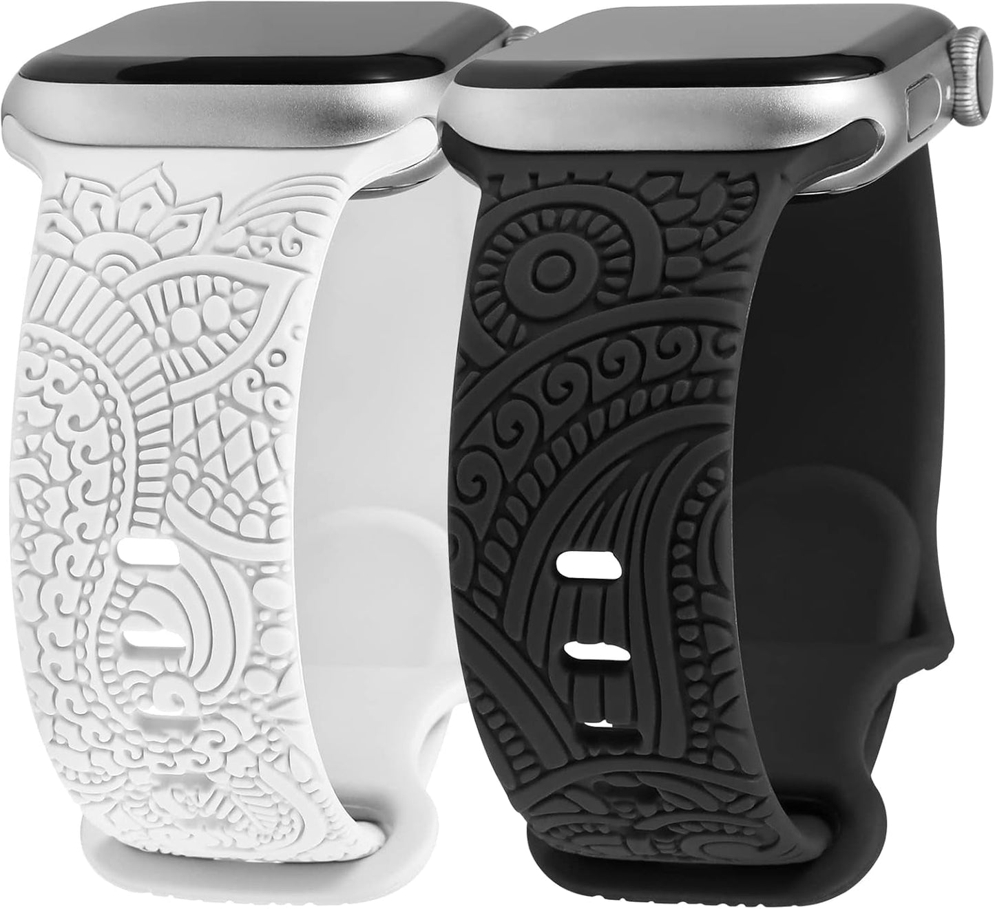 2 Packs Boho Engraved Bands Compatible with Apple Watch Bands 41Mm 40Mm 38Mm 45Mm 44Mm 42Mm 49Mm Women Girls Men, Silicone Sport Fancy Dressy Cute Strap for Iwatch Series 9/Ultra/Se/8/7/6/5/4/3/2/1