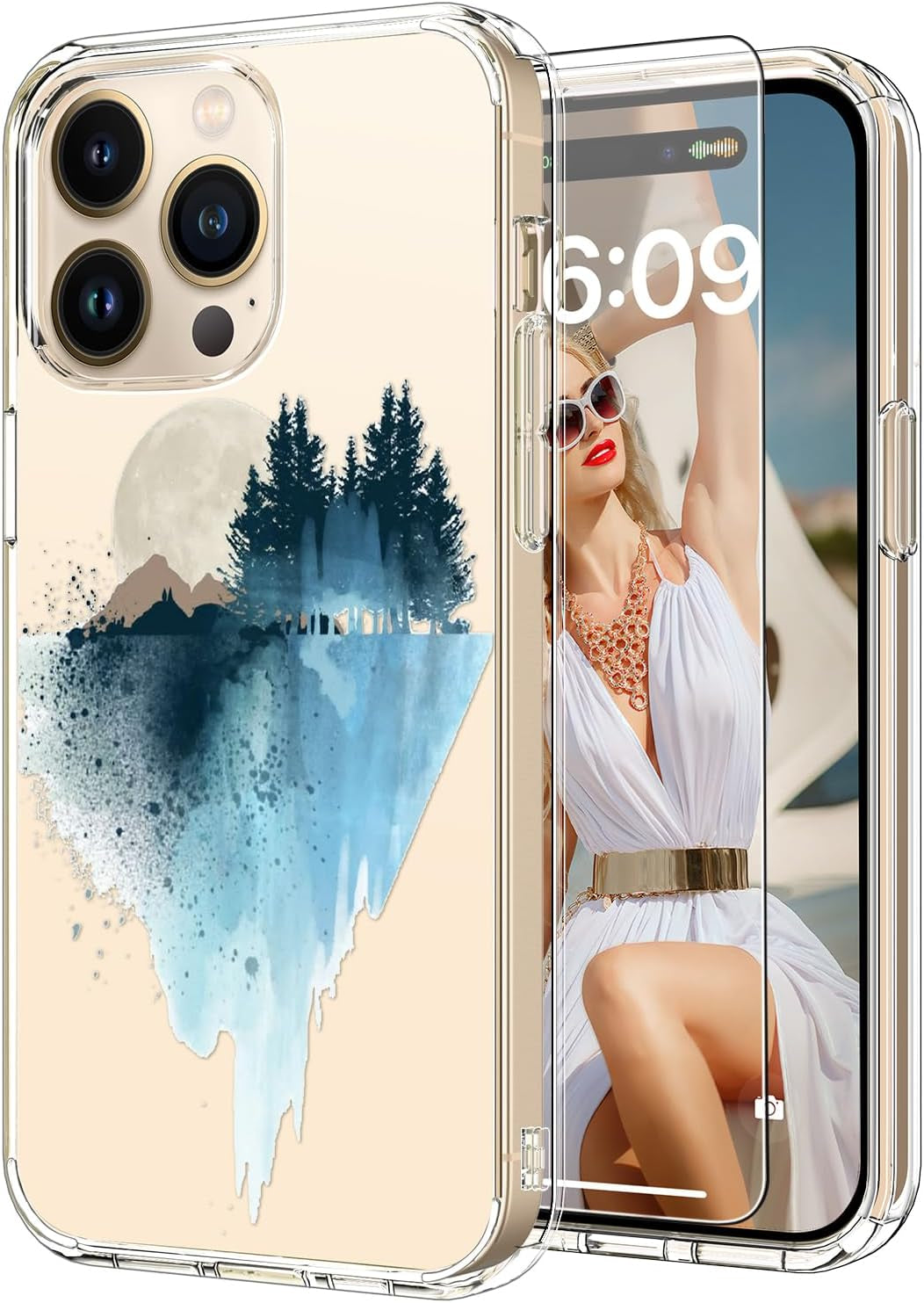 ICEDIO for Iphone 15 Pro Case with Screen Protector-Clear with Fashionable Trendy Patterns-Designed for Girls Women-Slim Fit Cover-Protective Phone Case 6.1" Cute Blooming Pink Floral  ICEDIO Blue Painting  