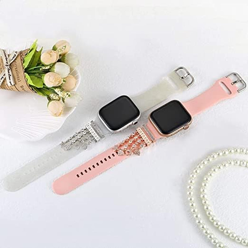 Decorative Rings Loops Compatible with Apple Watch Silicone Bands Metal Diamond Charms 45Mm 44Mm 42Mm 41Mm 40Mm 38Mm Iwatch Series 8 7 6 5 4 3 2 1 Accessories, Silver-Night Sky, Adjustable