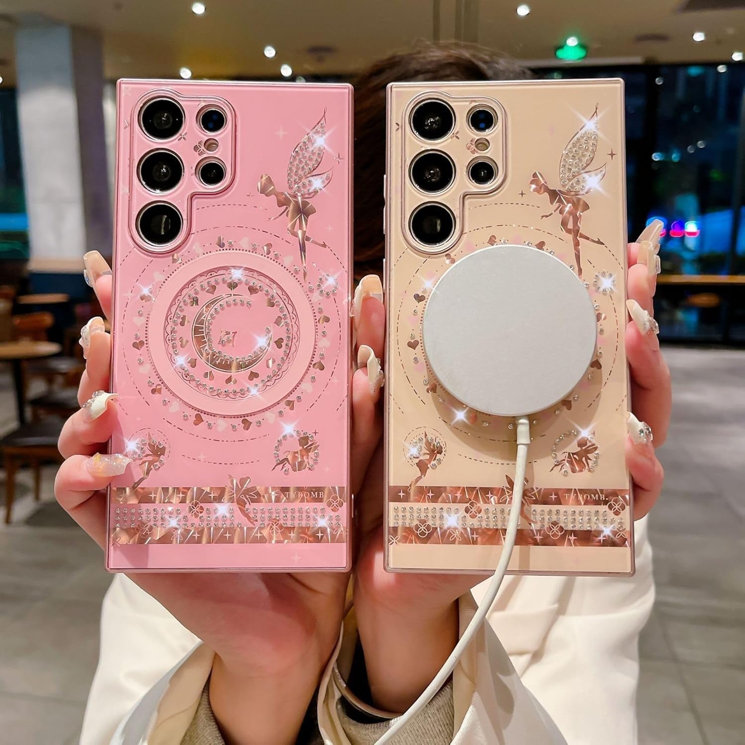 Cute Bling Magnetic Case for Galaxy S22 Ultra,Sparkle Luxury Rhinestone Heart Moon Star Angel Fairy Plating [Compatible with Magsafe] Girls Women for Samsung Galaxy S22 Ultra (Pink)