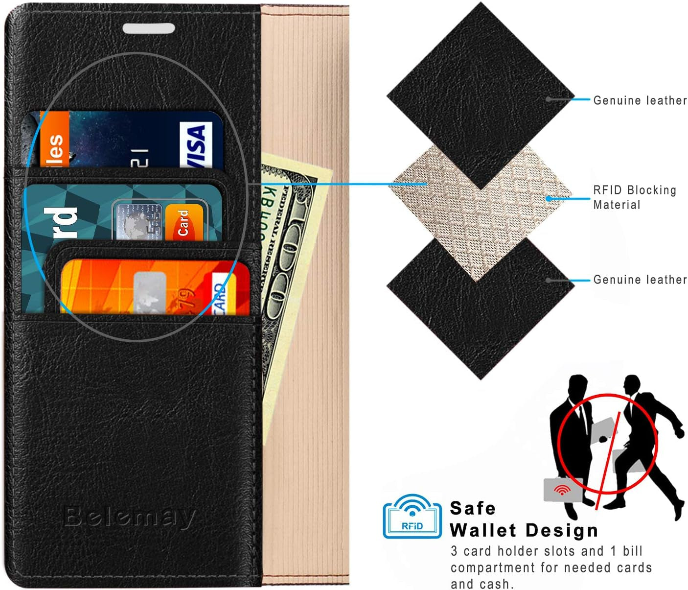 Belemay Case for Galaxy S22+ / S22 plus 5G 6.6-Inch, Genuine Leather Wallet Case RFID Blocking Credit Card Holder Kickstand Magnetic Flip Case Compatible with Galaxy S22+ / plus 6.6" 2022, Black