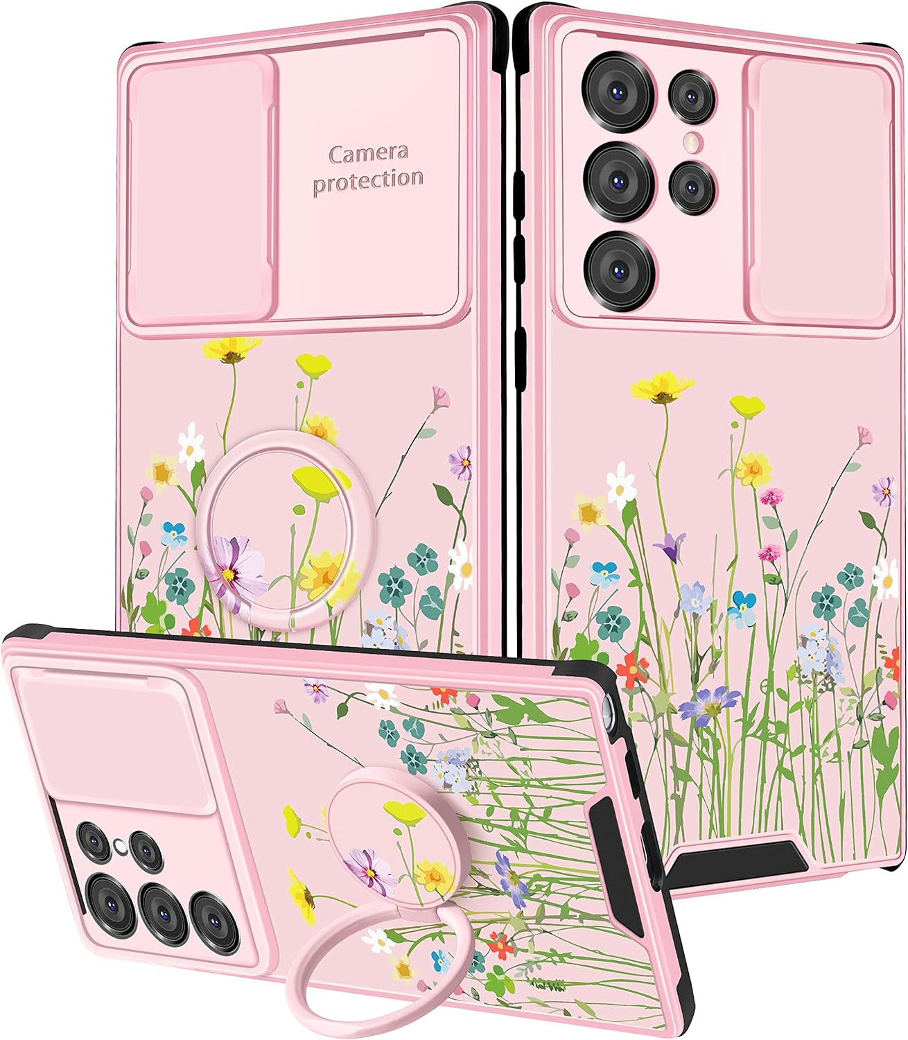 Goocrux (2In1 for Samsung Galaxy S22 Ultra Case Flower Floral for Women Girls Girly Pretty Cute Phone Cover with Slide Camera Cover+Ring Holder Fashion Pattern Unique Design Cases for S22 Ultra 6.8''