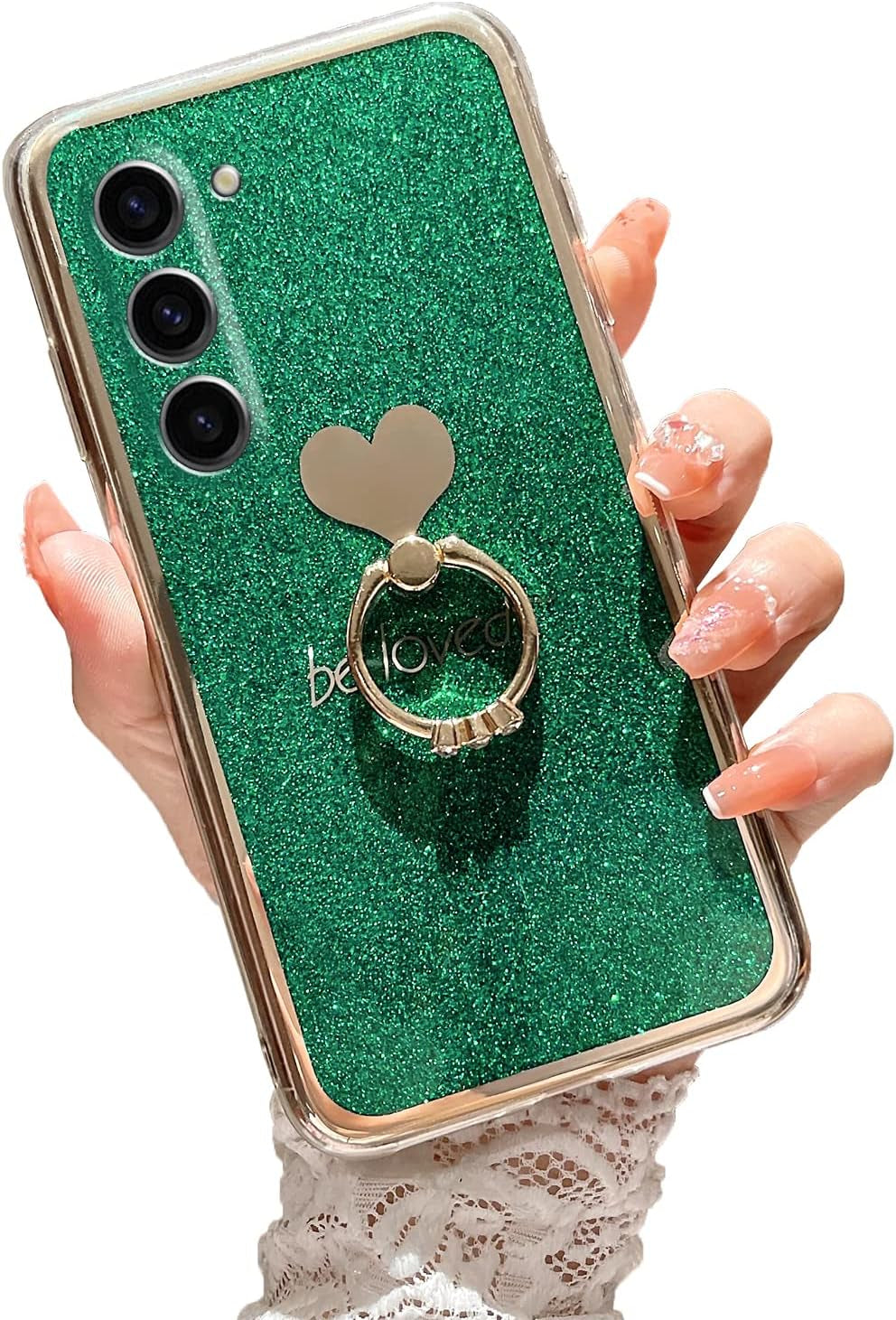 For Samsung Galaxy S22 Ultra Case (6.8-Inch) with Ring Kickstand Girls Woman Cute Glitter Slim Soft Silicone Bumper Shockproof Drop Protective Cover - Green