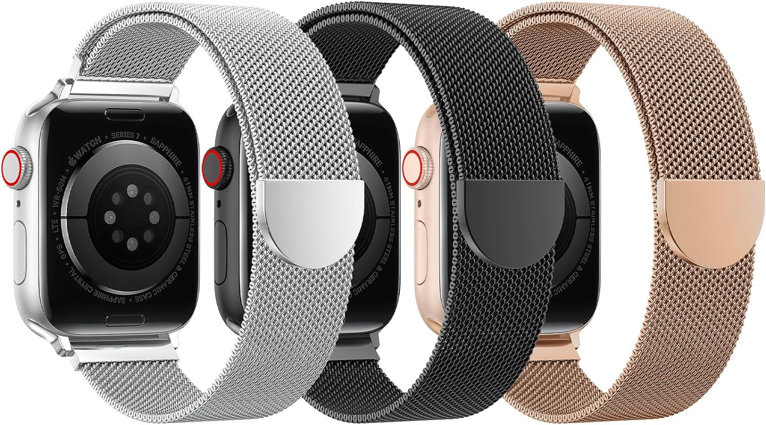 BELONGME 3 Pack Mesh Loop Compatible with Apple Watch Band 40Mm 41Mm 38Mm 42Mm 44Mm 45Mm 49Mm Series Ultra SE 9 8 7 6 5 4 3 2 1 Women Men, Stainless Steel Metal Strap Magnetic Clasp for Iwatch Bands