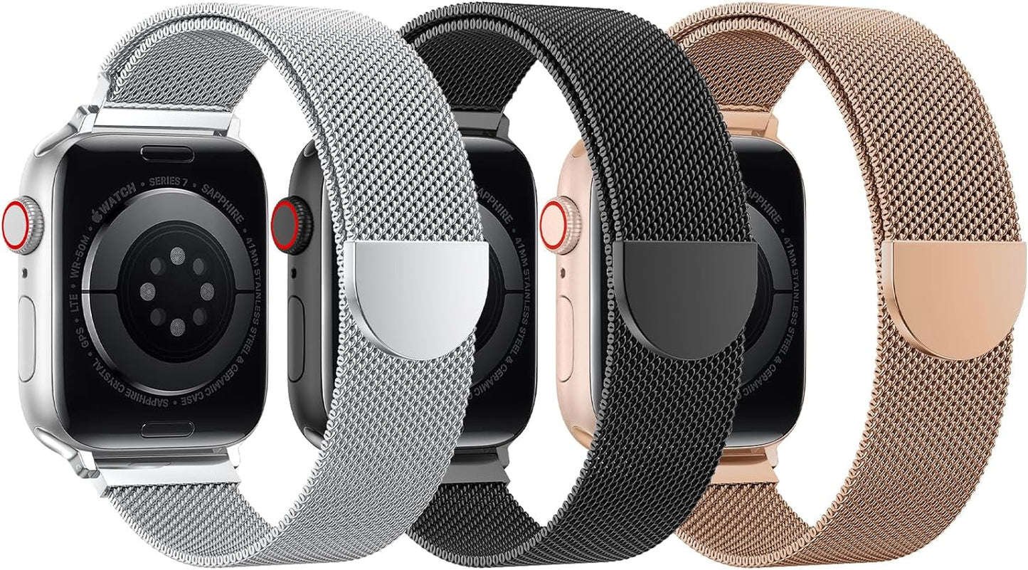 BELONGME 3 Pack Mesh Loop Compatible with Apple Watch Band 40Mm 41Mm 38Mm 42Mm 44Mm 45Mm 49Mm Series Ultra SE 9 8 7 6 5 4 3 2 1 Women Men, Stainless Steel Metal Strap Magnetic Clasp for Iwatch Bands