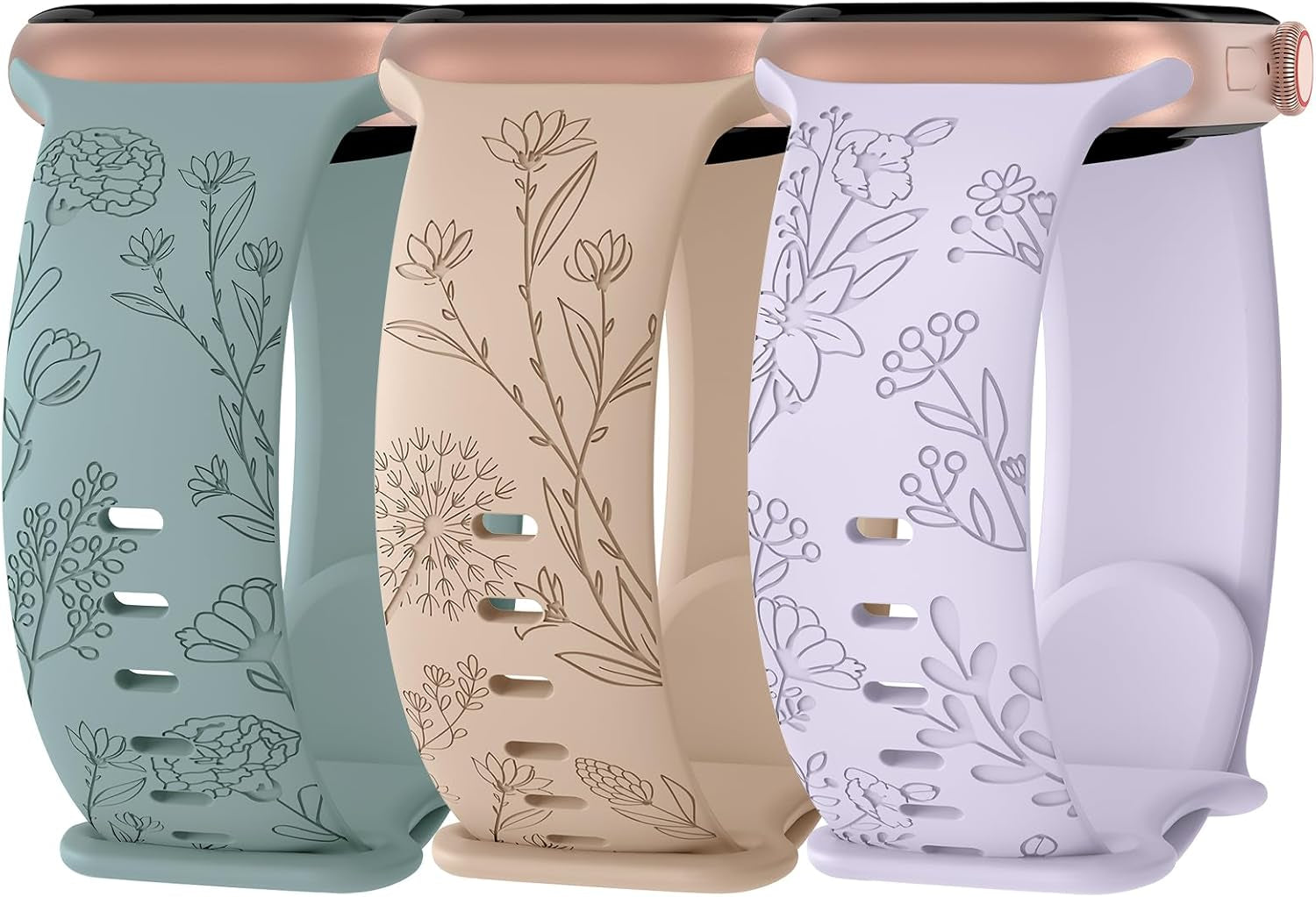 3 Pack Floral Engraved Silicone Bands Compatible with Apple Watch Band 38Mm 40Mm 41Mm 42Mm 44Mm 45Mm 49Mm Women, Soft Sport Wildflower Strap for Iwatch Ultra Series 9 8 SE 7 6 5 4 3 2 1