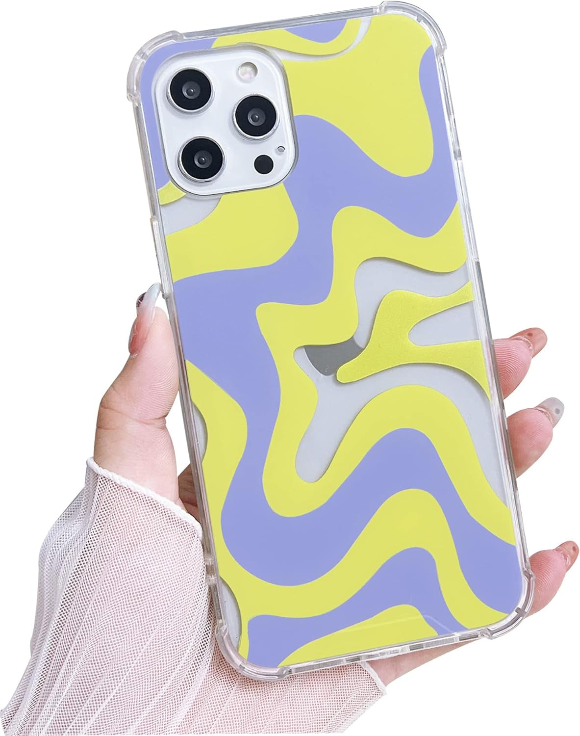 Ginkgonut Compatible with Iphone 14 Pro Case, Fashion Simple Cute Wavy Pattern Case for Women Girls Soft Tpu+Hard PC Protection Case for Iphone 14 Pro-Blue  Ginkgonut Yellow Iphone 12 Pro Max 