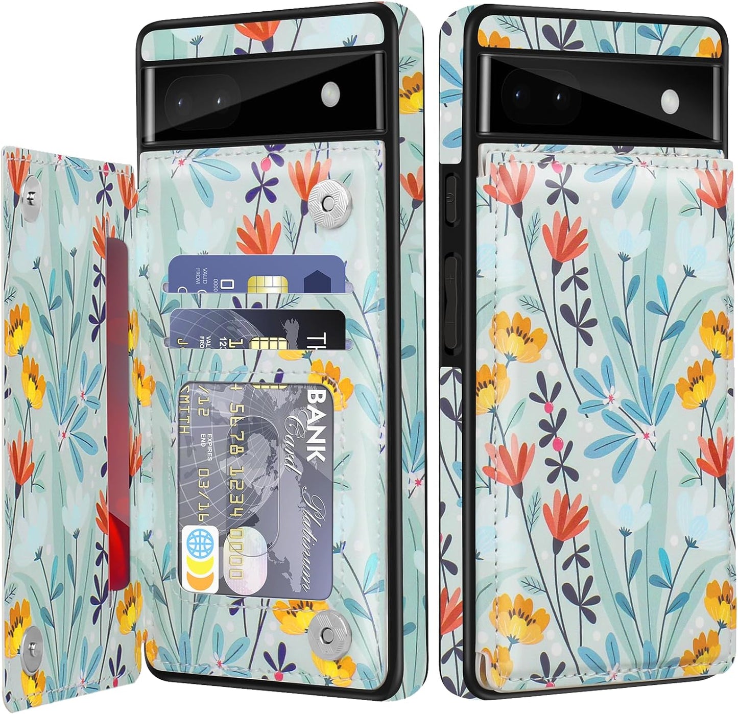 For Google Pixel 6A Case Leather Wallet with Card Holder, Flip Cover Kickstand Card Slots Magnetic Closure Shockproof Heavy Duty Protective Case for Google Pixel 6A 6.1Inch 5G-Rose Gold  Bizzib Floral Yellow  