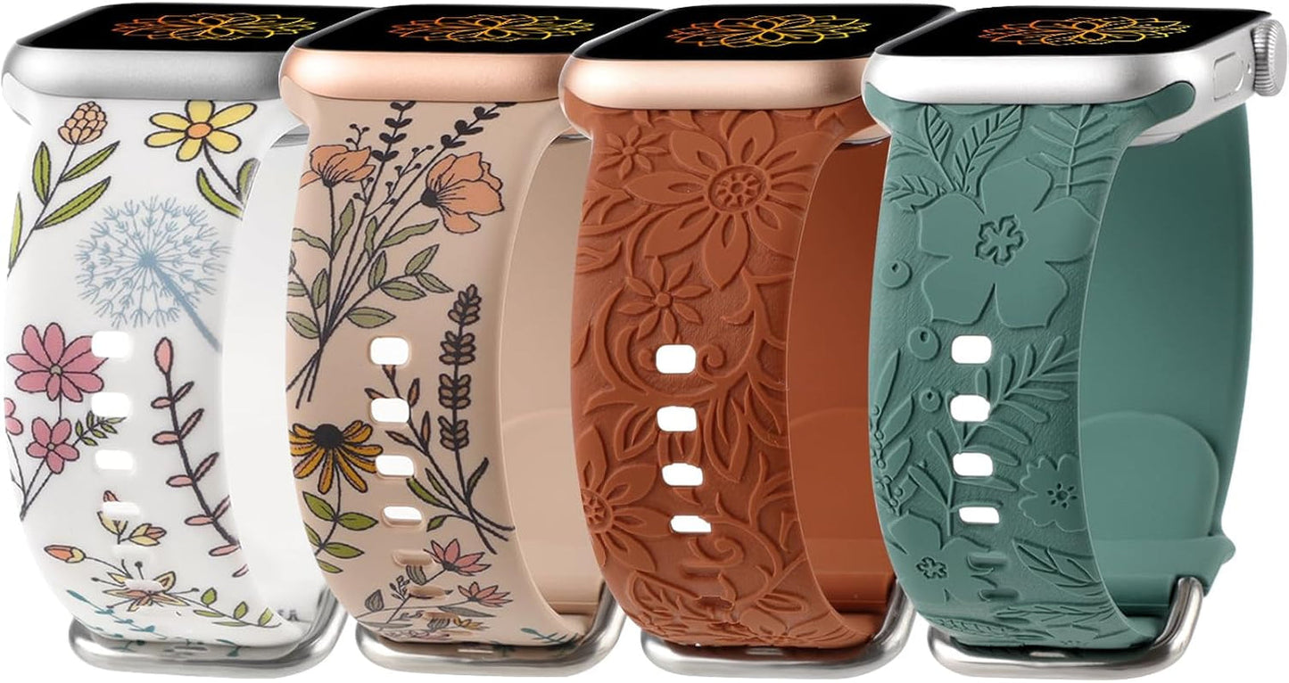 Flower Engraved Print Bands Compatible with Apple Watch Band 40Mm 41Mm 38Mm 42Mm 44Mm 45Mm 49Mm Women, Fancy Soft Silicone Sport Strap for Iwatch Series 9 Ultra 2 SE Ultra 8 7 6 5 4 3 2 1