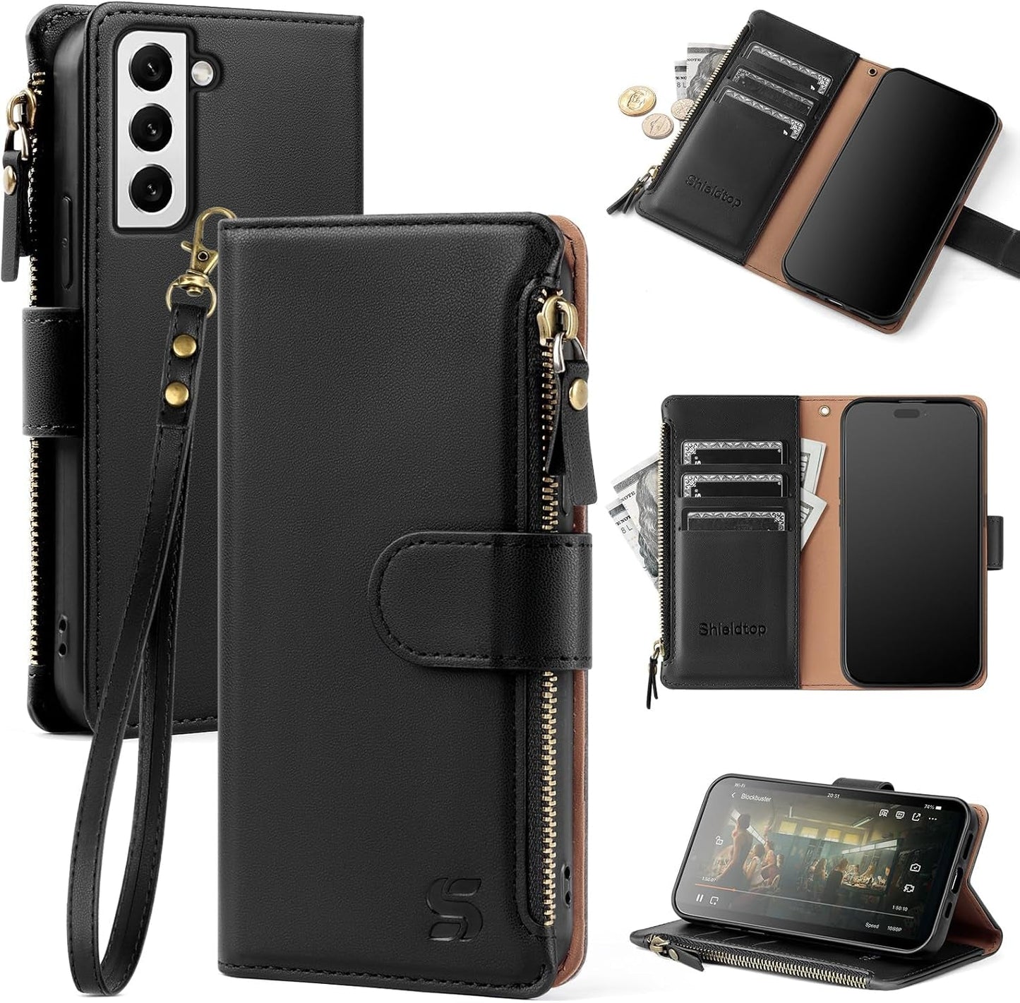 For Samsung Galaxy S22 Wallet Case,Galaxy S22 Phone Case PU Leather Flip Folio Protective Cover Wrist Strap Zipper Pocket Credit Card Slots Holder RFID Blocking,For Women Men,Blue Green