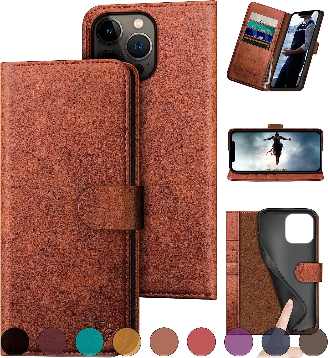 Ducksky for Iphone 15 Pro 6.1" Genuine Leather Wallet Case 【RFID Blocking】【4 Credit Card Holder】【Real Leather】 Flip Folio Book Phone Case Protective Cover Women Men for Apple 15 Pro Case Khaki  DuckSky Light Brown  