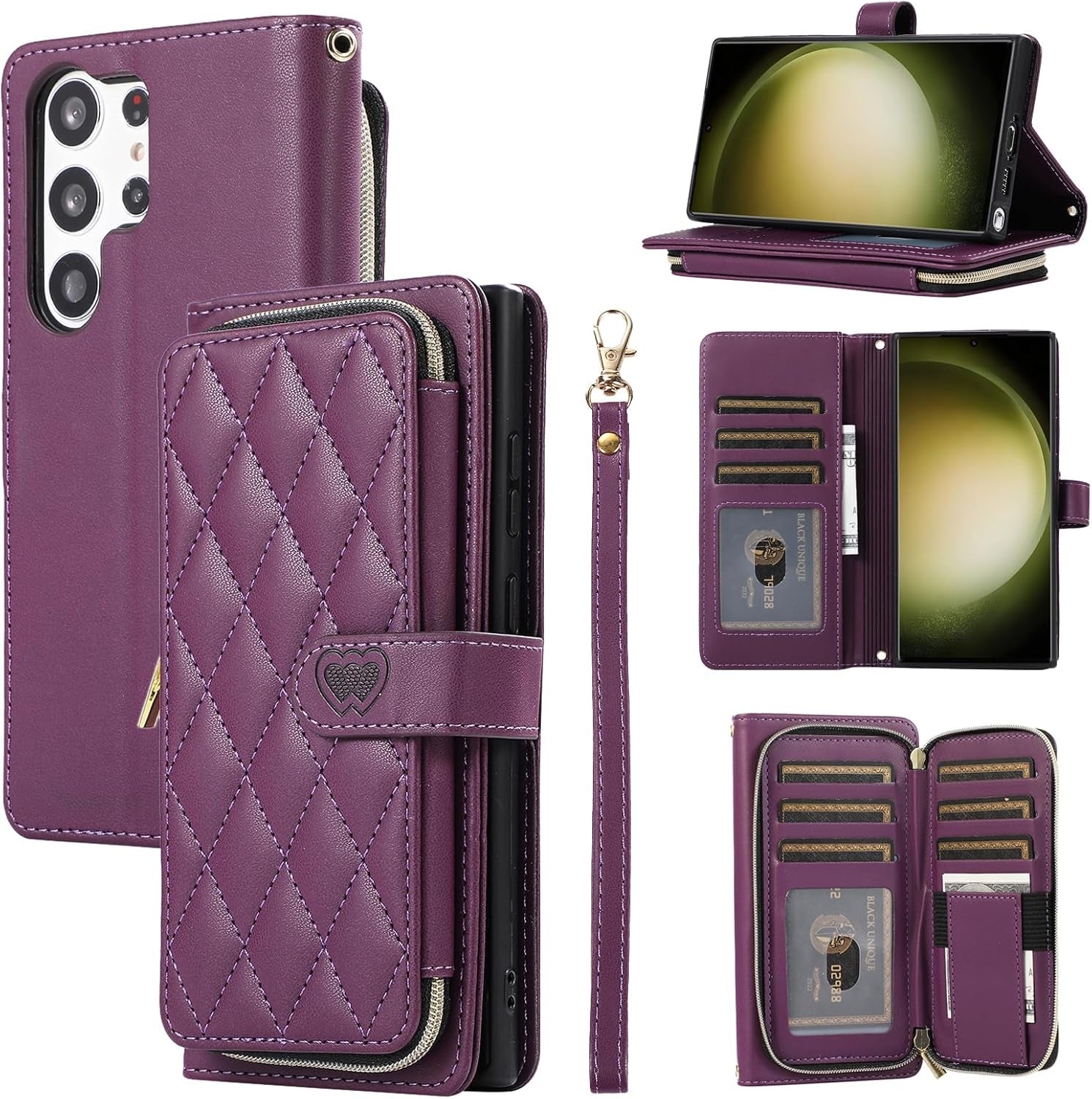 Furiet Wallet Case for Samsung Galaxy S22 Ultra 5G with Detachable Wrist Strap, 9+ Card Slots Zipper Purse, Luxury PU Leather Stand Full Body Phone Cover for S22Ultra 22S S 22 S22Ultra5G 6.8 Rose Gold