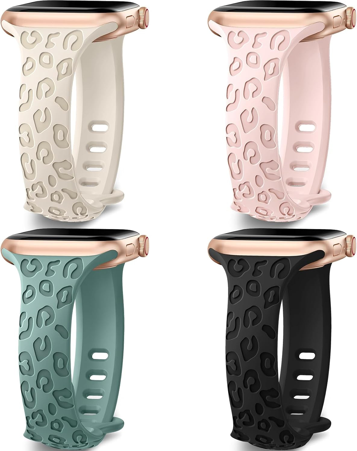 4-Pack Leopard Engraved Band Compatible with Apple Watch Bands 38Mm 40Mm 41Mm 44Mm 45Mm 42Mm Women, Thin Slim Sport Wristbands for Iwatch Ultra/Ultra 2 Series 9 8 7 6 5 4 3 2 1 SE