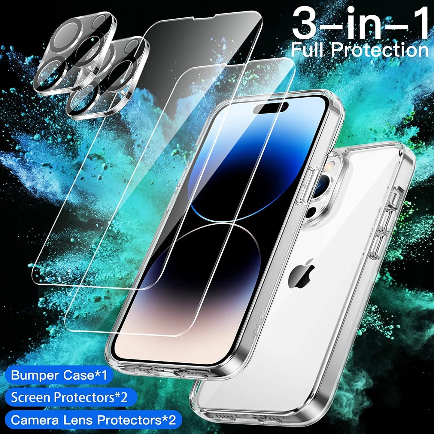 Jetech 3 in 1 Case for Iphone 14 Pro 6.1-Inch, with 2-Pack Screen Protector and Camera Lens Protector, Non-Yellowing Shockproof Bumper Phone Cover, Full Coverage Tempered Glass Film (Clear)  JETech   