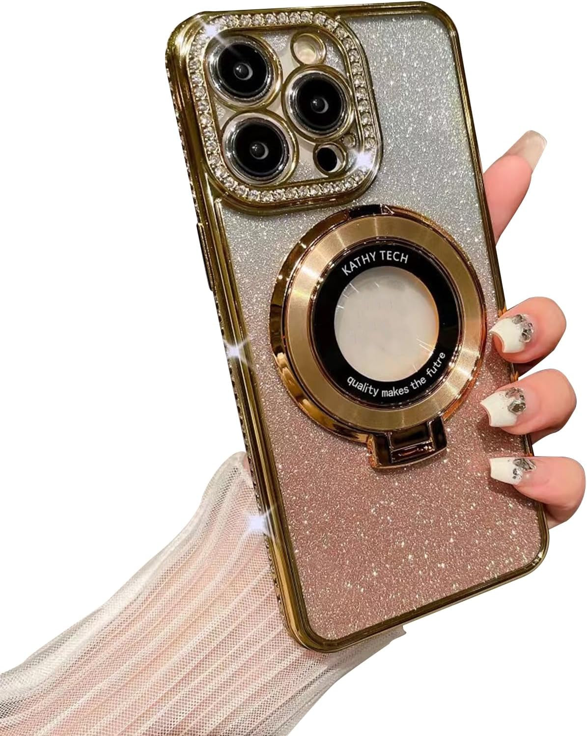 Fycyko Magnetic Case for Iphone 14 Pro with Holder Stand,Rhinestone Glitter Plated Bling Luxury Phone Case（Compatible with Magsafe） Shockproof Kickstand Design for Iphone 14 Pro-Purple  Fycyko   