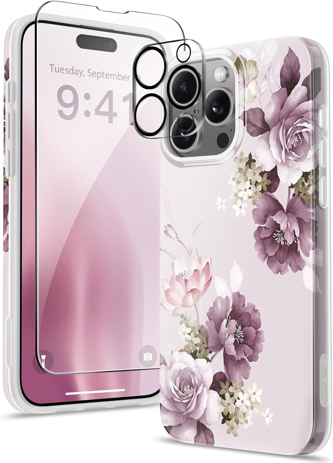 GVIEWIN for Iphone 15 Pro Case with Screen Protector+Camera Lens Protector, [Military Grade Drop Protection] Slim Marble Design Soft TPU Protective Phone Cover for 15 Pro 6.1" (Flowing Sand/Ink)  GVIEWIN Cherry Blossoms/Purple  