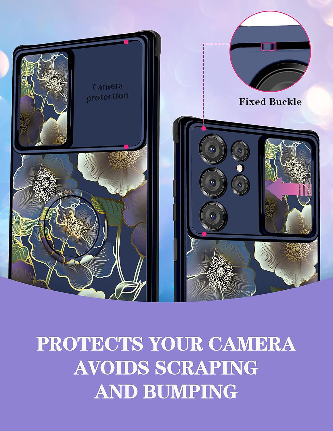 Goocrux (2In1 for Samsung Galaxy S22 Ultra Case Flower Floral for Women Girls Girly Pretty Cute Phone Cover with Slide Camera Cover+Ring Holder Fashion Pattern Unique Design Cases for S22 Ultra 6.8''