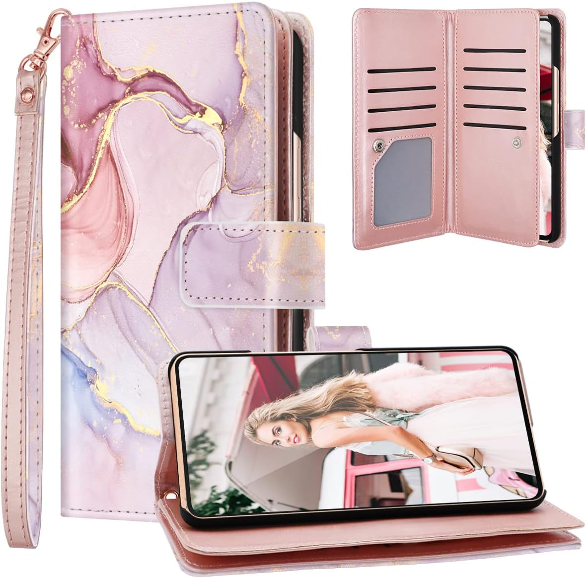 Fingic Compatible with Samsung Galaxy A53 Case Wallet, Rose Gold Marble 9 Card Holder PU Leather Detachable Wrist Strap Wallet Case for Women Cover for Samsung Galaxy A53 5G, Rose Gold
