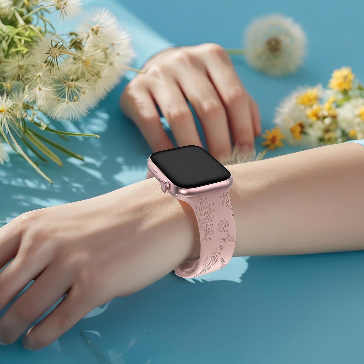 Floral Engraved Bands Compatible with Apple Watch Band for Women 44Mm 40Mm 38Mm 41Mm 45Mm 49Mm 42Mm, Soft Silicone Dandelion Pattern Sport Strap for Iwatch Bands Series Ultra 2 SE 9 8 7 6 5 4 3 2 1