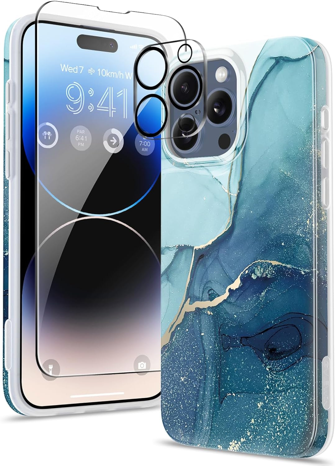 GVIEWIN for Iphone 15 Pro Case with Screen Protector+Camera Lens Protector, [Military Grade Drop Protection] Slim Marble Design Soft TPU Protective Phone Cover for 15 Pro 6.1" (Flowing Sand/Ink)  GVIEWIN Navy Blue  