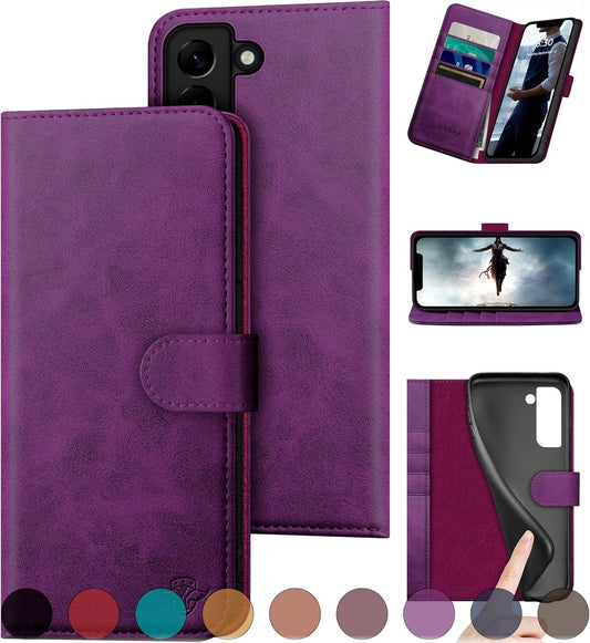 For Samsung Galaxy S22 Genuine Leather Wallet Case 【RFID Blocking】【4 Credit Card Holder】【Real Leather】 Flip Folio Book Phone Case Protective Cover Women Men for S22 Case Purple