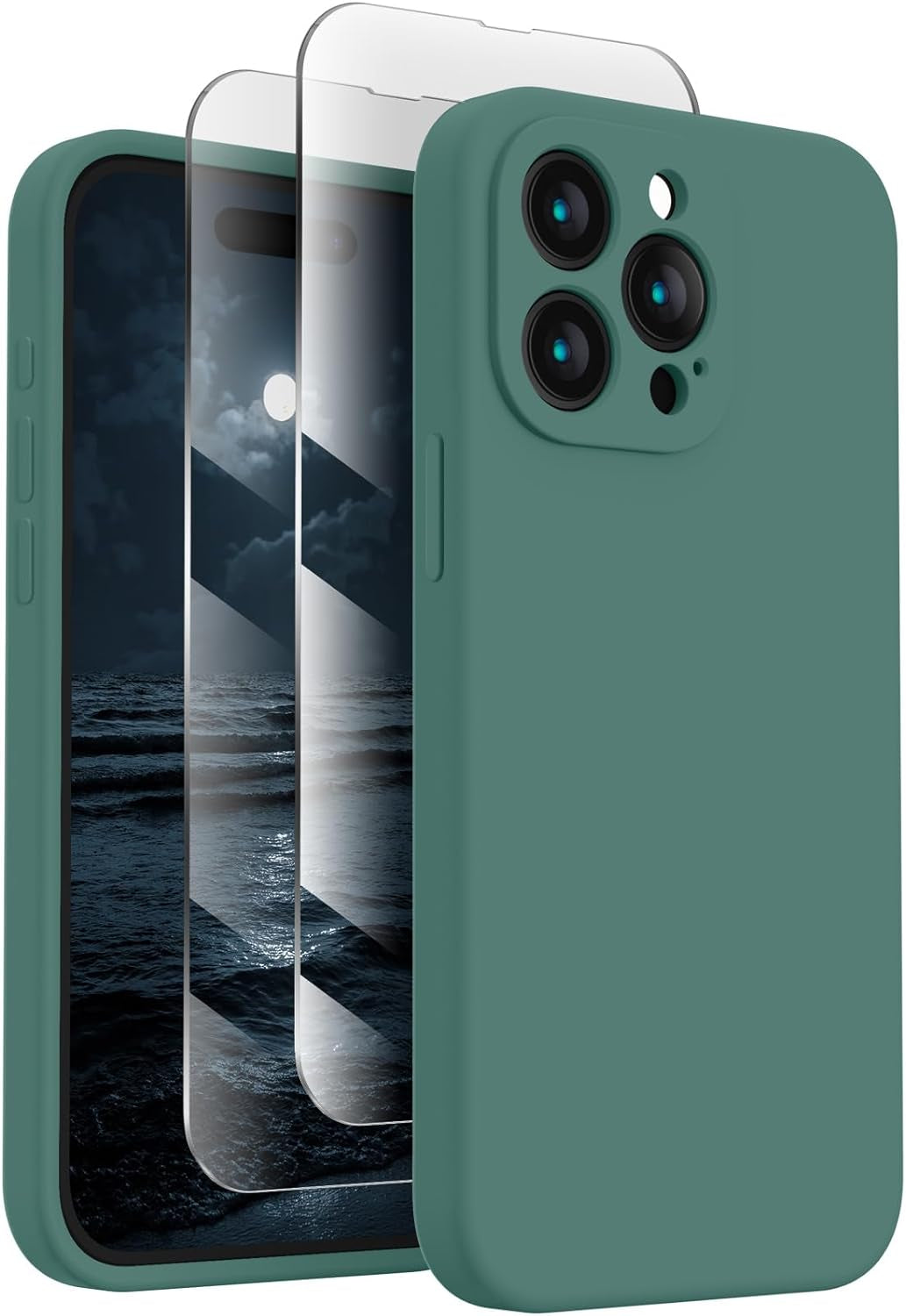 Firenova Designed for Iphone 15 Pro Case, Silicone Upgraded [Camera Protection] Phone Case with [2 Screen Protectors], Soft Anti-Scratch Microfiber Lining Inside, 6.1 Inch, Calke Green  FireNova Midnight Green  