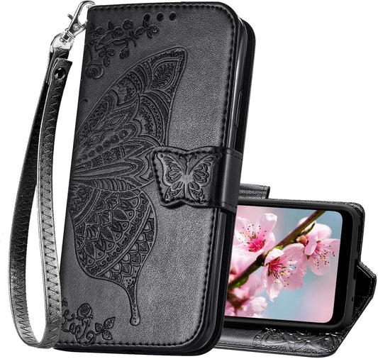 For Samsung Galaxy A53 5G Case Wallet,Women Flip Folio Cover with Butterfly Embossed PU Leather Credit Card Holder Slots Magnetic Wrist Strap Purse for Samsung A53 5G (Black)