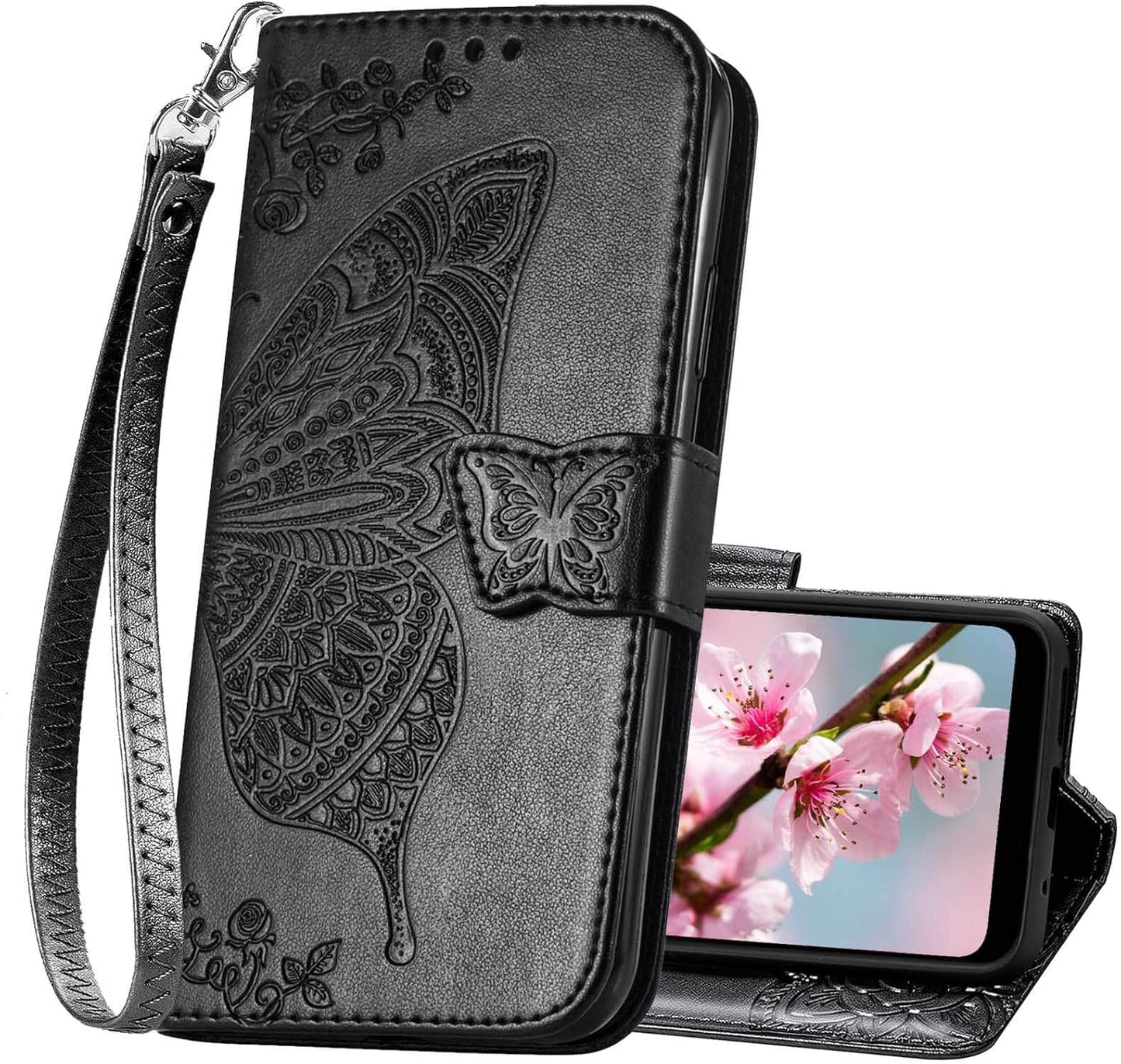 For Samsung Galaxy A53 5G Case Wallet,Women Flip Folio Cover with Butterfly Embossed PU Leather Credit Card Holder Slots Magnetic Wrist Strap Purse for Samsung A53 5G (Black)