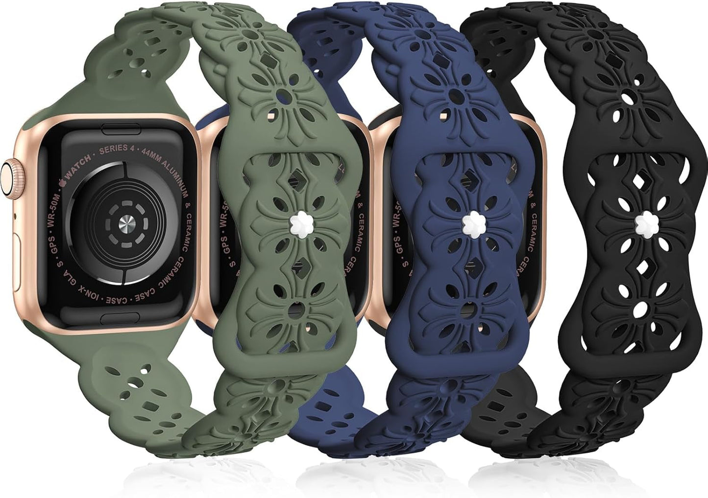 3 Pack Engraved Lace Silicone Bands Compatible with Apple Watch Band 38Mm 40Mm 41Mm 42Mm 44Mm 45Mm 49Mm Women Men, Slim Thin Hollow-Out Sport Strap for Iwatch Series 9/8/7/6/5/4/3/2/1 SE Ultra 2/1