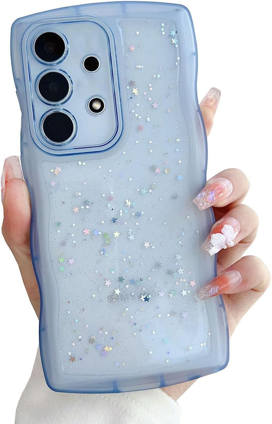 Compatible with Galaxy A53 5G Case for Women Girls Glitter Sparkly Bling Camera Lens Protector Cute Curly Wave Frame Shockproof Protective Cover Phone Case for Samsung Galaxy A53 5G(BLUE)